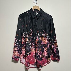 NWT Women’s Anthropologie Silk Floral Button Down Blouse Floral Black Size M
